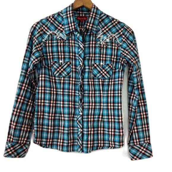 Panhandle Slim Blue Turquoise Plaid Medium Pearl Snap Western Shirt Embroidered - Picture 3 of 9